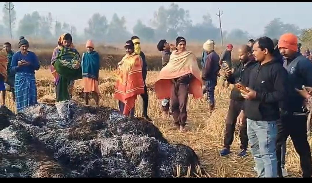 किसान के खेत में लगी आग से धान खाकः सूरजपुर जिला के ग्राम पंचायत कृष्णपुर में अज्ञात कारणों से&nbsp;&nbsp; फसल जली,