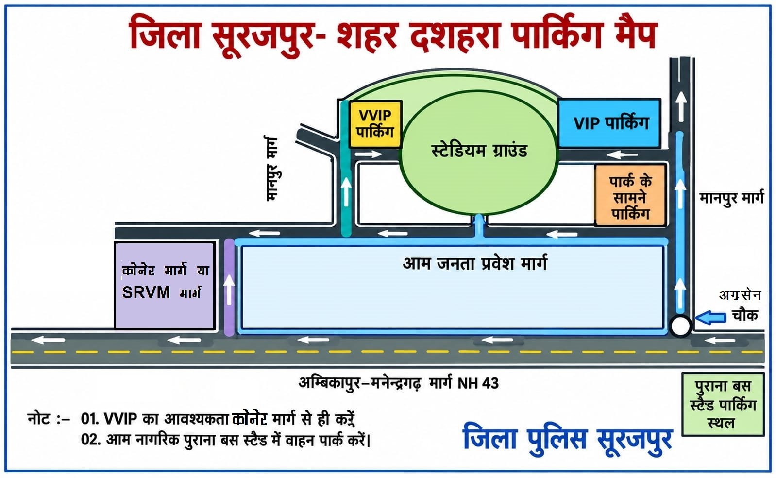 सूरजपुर पुलिस ने दशहरा पर्व के लिए जारी किया पार्किंग मैप, शहर में पिकअप वाहनों का प्रवेश प्रतिबंधित।